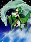  cape center_opening cleavage detached_sleeves dragon final_fantasy final_fantasy_iv green_eyes green_hair highres large_breasts leotard mist_dragon night night_sky one-piece one-piece_swimsuit rydia sky star star_(sky) starry_sky swimsuit thighhighs yukichi_(artist) 