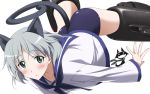  absurdres animal_ears blush cosplay green_eyes highres kurashima_tomoyasu miyafuji_yoshika miyafuji_yoshika_(cosplay) object_on_head panties panties_on_head sailor sailor_uniform sanya_v_litvyak school_swimsuit short_hair silhouette_demon silver_hair solo strike_witches striker_unit swimsuit swimsuit_under_clothes tail underwear vector_trace wardrobe_error 