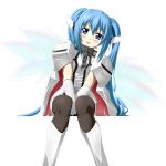  blue_hair boots chain chains chokotto collar gloves highres long_hair nymph_(sora_no_otoshimono) oldschool open_mouth pantyhose sitting sora_no_otoshimono thighhighs twintails wings 
