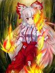  artist_request bad_id bamboo bamboo_forest bow fire forest fujiwara_no_mokou hair_bow long_hair nature panties poini_(king-scarlet-dead) red_eyes solo touhou underwear 