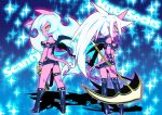  blade_(artist) blade_(lovewn) blue_hair boots demon_girl demon_wings glasses gun horns kneesocks_(character) kneesocks_(psg) long_hair multiple_girls orange_eyes panty_&amp;_stocking_with_garterbelt ponytail red_skin scanty scanty_(psg) scythe solo tail thigh-highs thigh_boots thighhighs weapon wings 