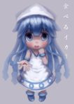  1girl bad_id blue_eyes blue_hair chibi dress hat highres ikamusume long_hair qin shinryaku!_ikamusume shrimp solo tentacle_hair 