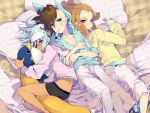  3girls bad_id bird eyepatch fudou_akio genderswap inazuma_eleven inazuma_eleven_(series) kidou_yuuto lying multiple_boys multiple_girls pajamas penguin rugo sakuma_jirou shourinji_ayumu stuffed_toy 