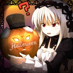  :3 ? animal_ears black_rose black_rose_(flower) breasts bunny_ears cleavage dress flower glowing gothic_lolita grey_hair gucchi hairband halloween hat jack-o&#039;-lantern jack-o'-lantern lolita_fashion long_hair pumpkin rabbit_ears red_eyes rose rozen_maiden solo suigintou top_hat 