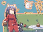  akashiro animal_ears black_hair brand_name_imitation brand_name_parody brown_eyes cake cat cat_ears couch cupcake fang food happy_birthday highres k-on! long_hair nakano_azusa paw_print pocky pocky_day table totsuki_tooka track_suit twintails 