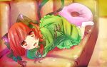  blush bow braid cat_ears cat_tail couch fang hair_bow ibaba kaenbyou_rin looking_at_viewer lying multiple_tails on_side pillow red_eyes red_hair ribbon smile socks tail touhou twin_braids twintails v_arms 