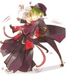  blazblue fedora gloves green_hair hat hazama hug male minatsume multiple_boys ragna_the_bloodedge silver_hair white_background 