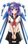  1girl alternate_costume ao_no_rupika beatmania beatmania_iidx bemani blue_hair blush hair_ornament marisamasupa midriff navel school_uniform skirt solo violet_eyes 