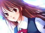  1girl brown_hair chikan_senyou_sharyou game_cg hoshisaki_miku koizumi_amane long_hair ribbon smile solo uniform 
