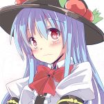  1girl blue_hair blush bust favfavver2 food fruit hat heart heart-shaped_pupils hinanawi_tenshi long_hair peach red_eyes solo symbol-shaped_pupils touhou wavy_mouth 