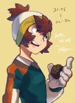  brown_hair character_request dated gloves goalkeeper inazuma_eleven_(series) inazuma_eleven_go monoka open_mouth raimon signature simple_background soccer_uniform solo 