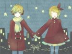  blonde_hair building closed_eyes earmuffs headphones kagamine_len kagamine_rin night open_mouth scarf short_hair singing stars stockings vocaloid 