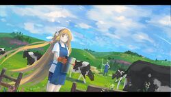  bad_id blonde_hair brown_eyes bucket chii chobits cow dutch_angle gloves long_hair robot_ears scenery seeker 