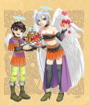  angel_wings blue_eyes breasts bridal_gauntlets choker cleavage dragon_quest dragon_quest_ix earrings elbow_gloves gloves halo heart hero_(dq9) jewelry midriff raviel short_hair silver_hair skirt thigh-highs thighhighs wings 