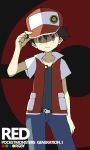  absurdres adjusting_hat artist_request baseball_cap belt black_hair brown_eyes frown hat highres jacket jeans male nintendo pants pokemon pokemon_(game) pokemon_red_and_green pokemon_rgby popped_collar red_(pokemon) red_(pokemon)_(classic) short_hair short_sleeves solo souji title_drop vest 