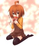  aokichi blush boy brown_hair crossdressing crossdressinging food highres male open_mouth original pocky short_hair shy solo thigh-highs thighhighs translated translation_request trap 