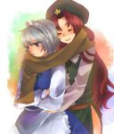  2girls bad_id blue_eyes braid chinese_clothes hong_meiling izayoi_sakuya long_hair maid_headdress multiple_girls naoko_(nao) red_hair redhead scarf shared_scarf short_hair silver_hair touhou 