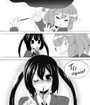  2girls blazer blush blush_stickers comic english hair_ornament hairclip hirasawa_yui hoppege k-on! monochrome mouth_hold multiple_girls nakano_azusa o_o pocky school_uniform twintails wink 