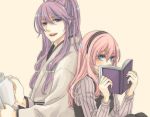  blue_eyes blush book chiyo_(chidori) hair_ribbon headband kamui_gakupo long_hair megurine_luka open_mouth pink_hair purple_hair ribbon smile vocaloid 