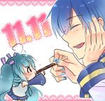  blue_hair bow chibi closed_eyes detached_sleeves eyes_closed face hair_bow hair_ornament hands hatsune_miku kaito long_hair lowres minigirl nail_polish necktie open_mouth pocky skirt smile twintails vocaloid yuh 