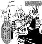  armor arthas_menethil cape chibi chinese empty_eyes frostmourne helmet horns lich_king lowres mismatched_legwear mismatched_thighhighs nefarian personification punching skull translation_request twintails warcraft world_of_warcraft 