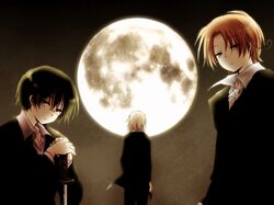  androgynous aplerichi axis_powers_hetalia bad_id blonde_hair formal italy_(hetalia) japan_(hetalia) male monochrome moon multiple_boys necktie northern_italy_(hetalia) poland_(hetalia) shirt suit 