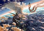  2boys clouds copyright_request duel epic flying jetpack katana matsuyuya mountain multiple_boys scenery sword two_guys weapon 
