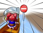  boat chibi hair_bobbles hair_ornament highres jpeg_artifacts onozuka_komachi parody red_eyes red_hair redhead scythe sign stop_sign touhou twintails water 