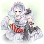  apron atelier_(series) atelier_rorona baku_(artist) baku_(bakunooekaki) bonnet cake capelet character_request christmas_stocking food frills gathers hat hom homunculus lace long_sleeves pointy_ears purple_eyes ribbon ruffles silver_hair top_hat twintails 