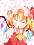  ^_^ blonde_hair closed_eyes eyes_closed flandre_scarlet hat mouth_hold pocky ponytail short_hair side_ponytail solo takamoto_akisa the_embodiment_of_scarlet_devil touhou wings 