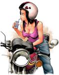  black_hair bra_strap breasts bunkosu cleavage drinking helmet hidebu jeans milk motor_vehicle motorcycle motorcycle_helmet original solo tank_top vehicle 