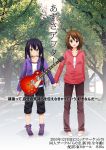  brown_eyes brown_hair electric_guitar guitar guitar_case hand_holding hirasawa_yui holding_hands instrument instrument_case k-on! long_hair nakano_azusa photo_background ragho_no_erika short_hair translation_request twintails 