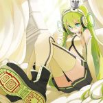  alternate_costume boots crossed_legs crown foreshortening green_eyes green_hair hatsune_miku headset long_hair sitting skirt smile solo tansuke thighhighs twintails vertical-striped_legwear vertical-striped_thighhighs vertical_stripes very_long_hair vocaloid yellow_legwear yellow_thighhighs 