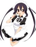  apron bad_id blush brown_eyes eating food k-on! long_hair looking_at_viewer maid maid_clothes maid_headdress maid_uniform nakano_azusa pocky shuuhei_(artist) simple_background solo twintails white_background 