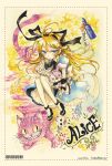  alice alice_in_wonderland blonde_hair card card_creature cards cheshire_cat falling_card floating_card h_sakray highres playing_card ribbon sakurai_haruto stuffed_toy traditional_media watercolor_(medium) 