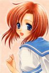  2754 blue_eyes higurashi_no_naku_koro_ni lowres open_mouth orange_hair ryuuguu_rena school_uniform short_hair smile solo traditional_media 