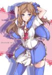  arms_behind_head blue_eyes blush breasts brown_hair cape castlevania castlevania:_portrait_of_ruin charlotte_aulin cleavage female lips long_hair nishimura_nike pose skirt solo thigh-highs thighhighs zettai_ryouiki 