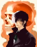  black_hair black_jack black_jack_(copyright) bow bunkosu grey_eyes hair_over_one_eye hidebu jacket male multicolored_hair scar skull solo two-tone_hair white_hair 