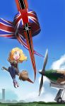  airplane broom broom_riding commentary commentary_request flag flying hawker_hurricane highres illusion inui_(jt1116) inui_(pixiv) iron_cross medal military multiple_girls nazi original parody shoes sidesaddle sneakers swastika union_jack witch world_war_ii wwii 