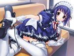  flat_chest frills gathers gloves hair_ribbon headdress highres lace lace-trimmed_thighhighs maid_headdress mary_janes matsuryuu on_side panties pantyshot pia_carrot pia_carrot_(series) pia_carrot_e_youkoso!! purple_eyes purple_hair putting_on_shoes ribbon ruffles shoes short_hair thigh-highs thighhighs underwear violet_eyes waitress white_legwear white_panties white_thighhighs yaegashi_kanae 