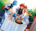  3boys bartender blue_hair cake chili_(pokemon) cilan_(pokemon) closed_eyes cress_(pokemon) cup dessert eyes_closed food green_eyes green_hair gym_leader hair_over_one_eye hinata_(hinata123) multiple_boys panpour pansage pansear pokemon pokemon_(game) pokemon_bw red_eyes red_hair redhead tea teapot 