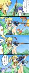  4koma absurdres barrel bike_shorts blonde_hair blush casing_ejection comic creator_connection dragunov_svd ear_protection firing gloves green_eyes gun headphones highres iris_(material_sniper) magazine_(weapon) magazine_ejection material_sniper musical_note muzzle_flash pokky ponytail rifle scope seiryouinryousui shell_casing sleeves_rolled_up sniper_rifle translated weapon whistling 