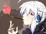  colored_eyelashes face headphones heart holding jin_(artist) mouth pocky portrait red_eyes silver_hair solo vocaloid yowane_haku 