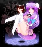  book crescent crescent_moon fule hat highres long_hair moon patchouli_knowledge purple_eyes purple_hair solo thigh-highs thighhighs touhou violet_eyes white_legwear white_thighhighs 