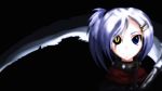  bicolored_eyes black collar crooked_smile dark grin hairclip lavender_hair original scythe side_ponytail simple_background smirk solo weapon 