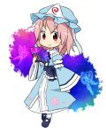  blush butterfly chibi fan folding_fan hat pink_hair red_eyes saigyouji_yuyuko short_hair smile solo touhou yamabuki_(yusuraume) 