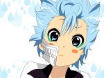  arrancar art_style_parody aup001 bleach blue_eyes blue_hair blush confused crossover face_paint facepaint grimmjow_jaegerjaquez highres k-on! male mask omg parody rain short_hair simple_background spiked_hair spiky_hair style_parody wallpaper water_drop 