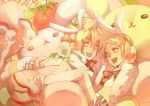  blonde_hair boots brother_and_sister bunny_ears food fruit hair_ornament hairclip headphones kagamine_len kagamine_rin rabbit_ears shishio short_hair siblings smile straberry strawberry stuffed_animal stuffed_toy twins vocaloid yellow_eyes 