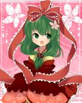  1girl flower frills front_ponytail green_eyes green_hair hair_flower hair_ornament hair_ribbon hairclip japanese_clothes kagiyama_hina long_hair mikan_(ama_no_hakoniwa) open_mouth ribbon smile touhou 