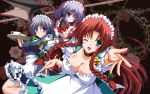  alternate_costume apron aqua_eyes bat_wings blue_eyes blush bow braid breasts cat_pose choker cleavage enmaided forehead foreshortening grey_hair hair_bow highres hong_meiling izayoi_sakuya large_breasts long_hair maid maid_headdress multiple_girls open_mouth outstretched_hand paw_pose purple_hair red_eyes red_hair remilia_scarlet reverse_noise short_hair the_embodiment_of_scarlet_devil touhou twin_braids waist_apron wallpaper wings wink yamu_(reverse_noise) 
